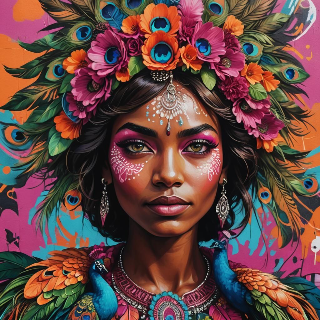Peacock Haired Woman in Vibrant Graffiti Art