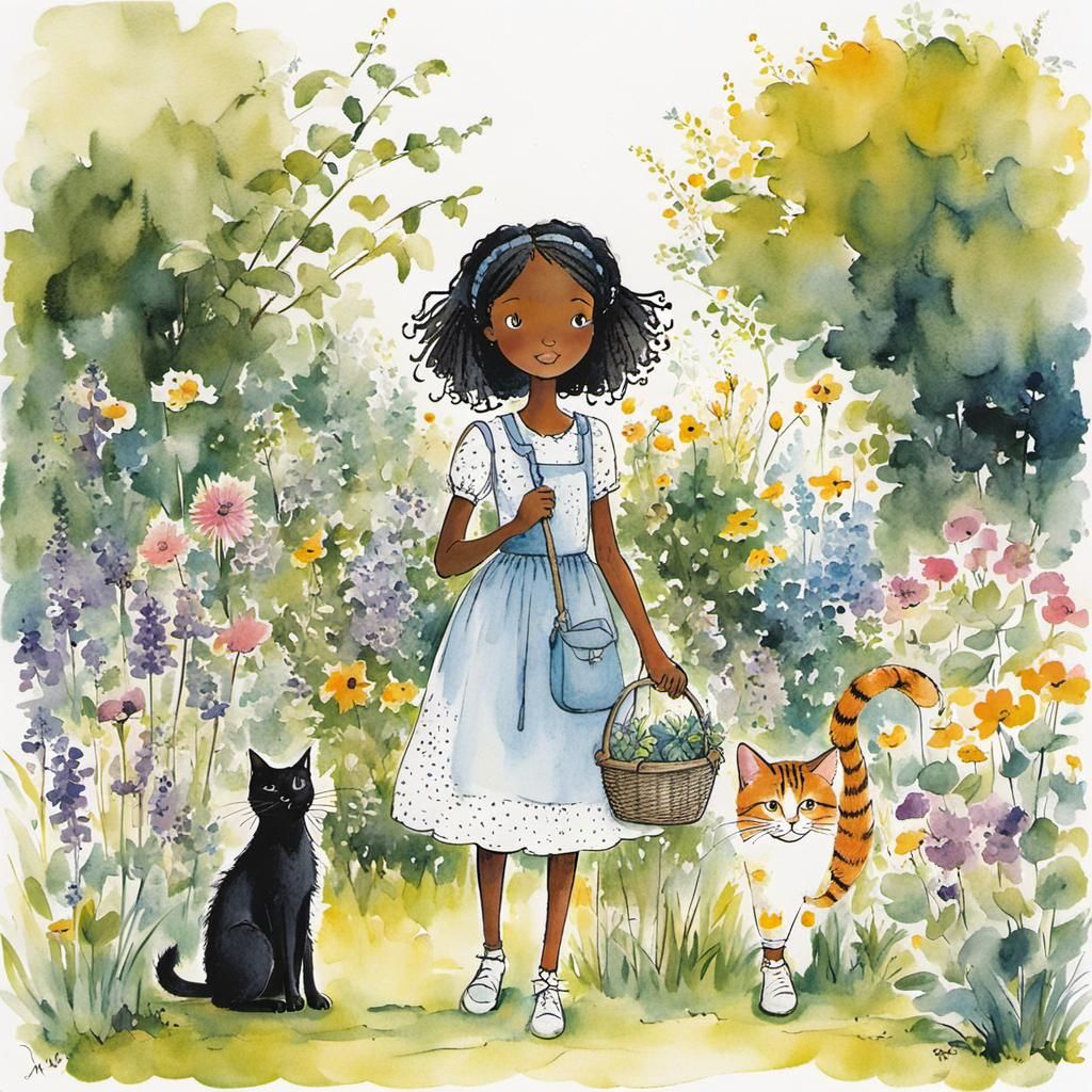Girl and Cat in Garden, Children's Illustration