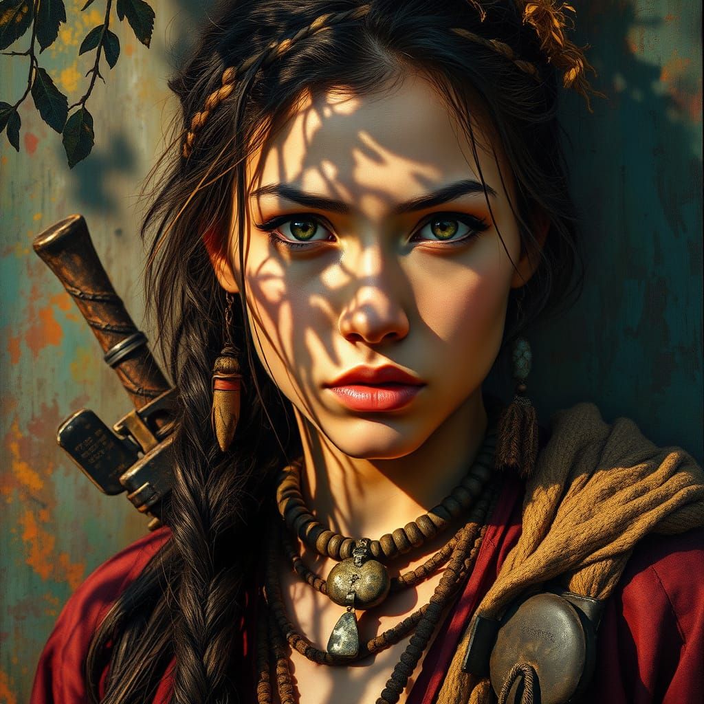 Fierce Wild Woman in Vibrant Oil Painting