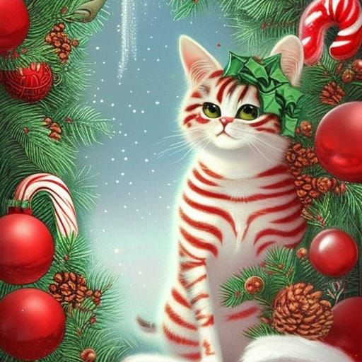 Whimsical Candy Cane Cat in Ethereal Style