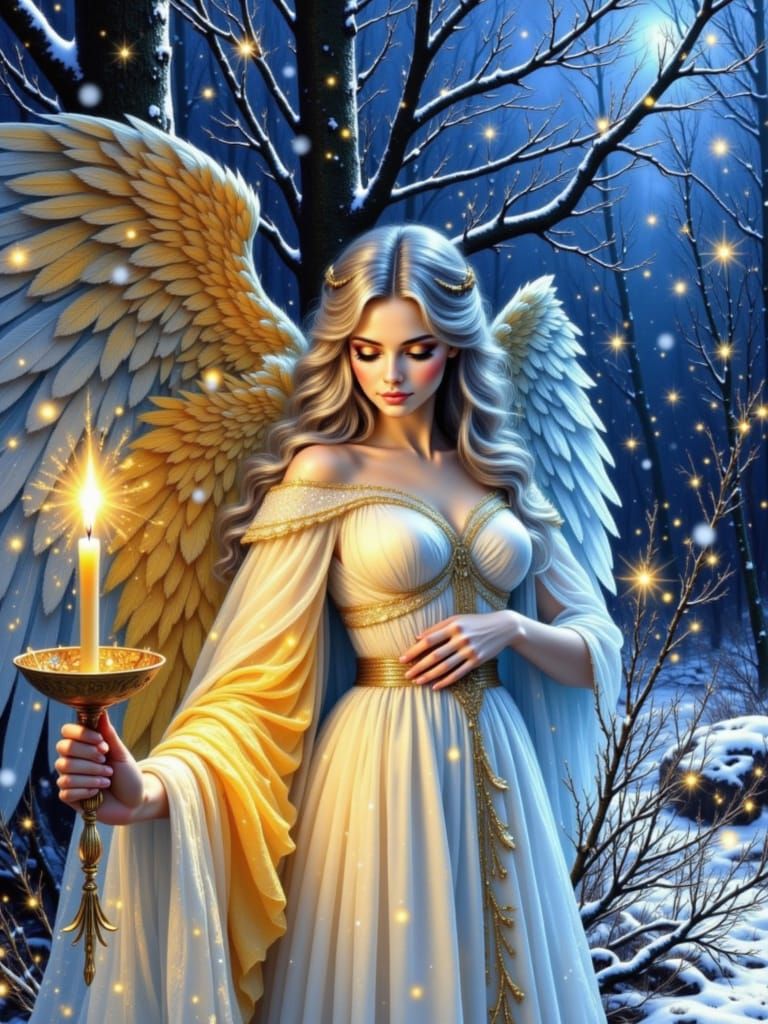 Ethereal Angel Holds Glowing Candle in Snowy Forest