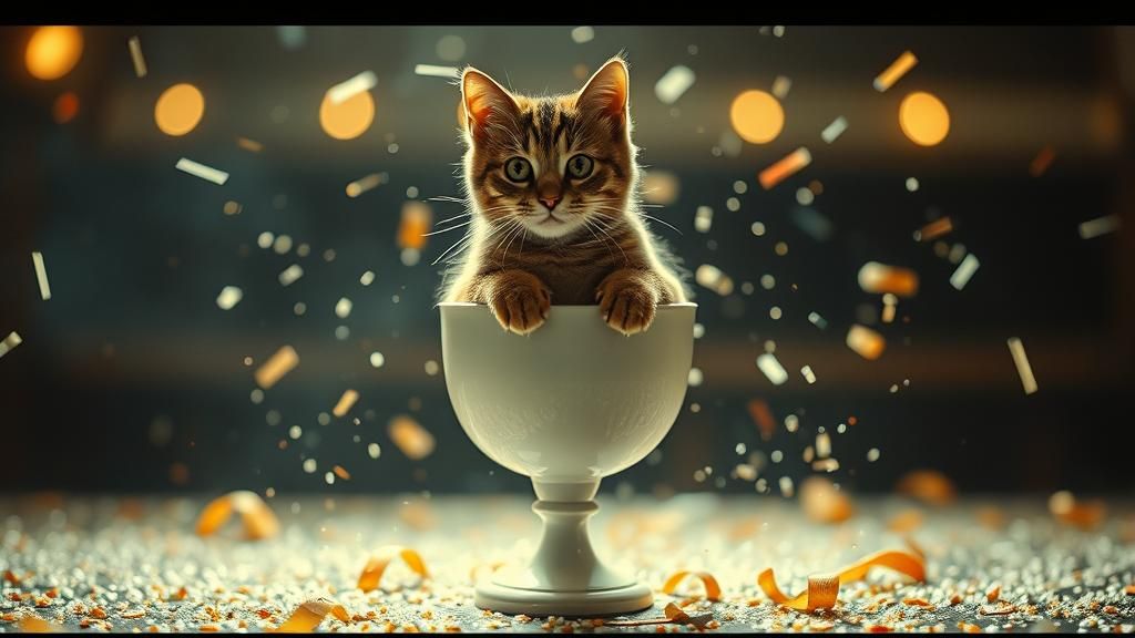 Cat in Cup on Pedestal: Cinematic Film Still