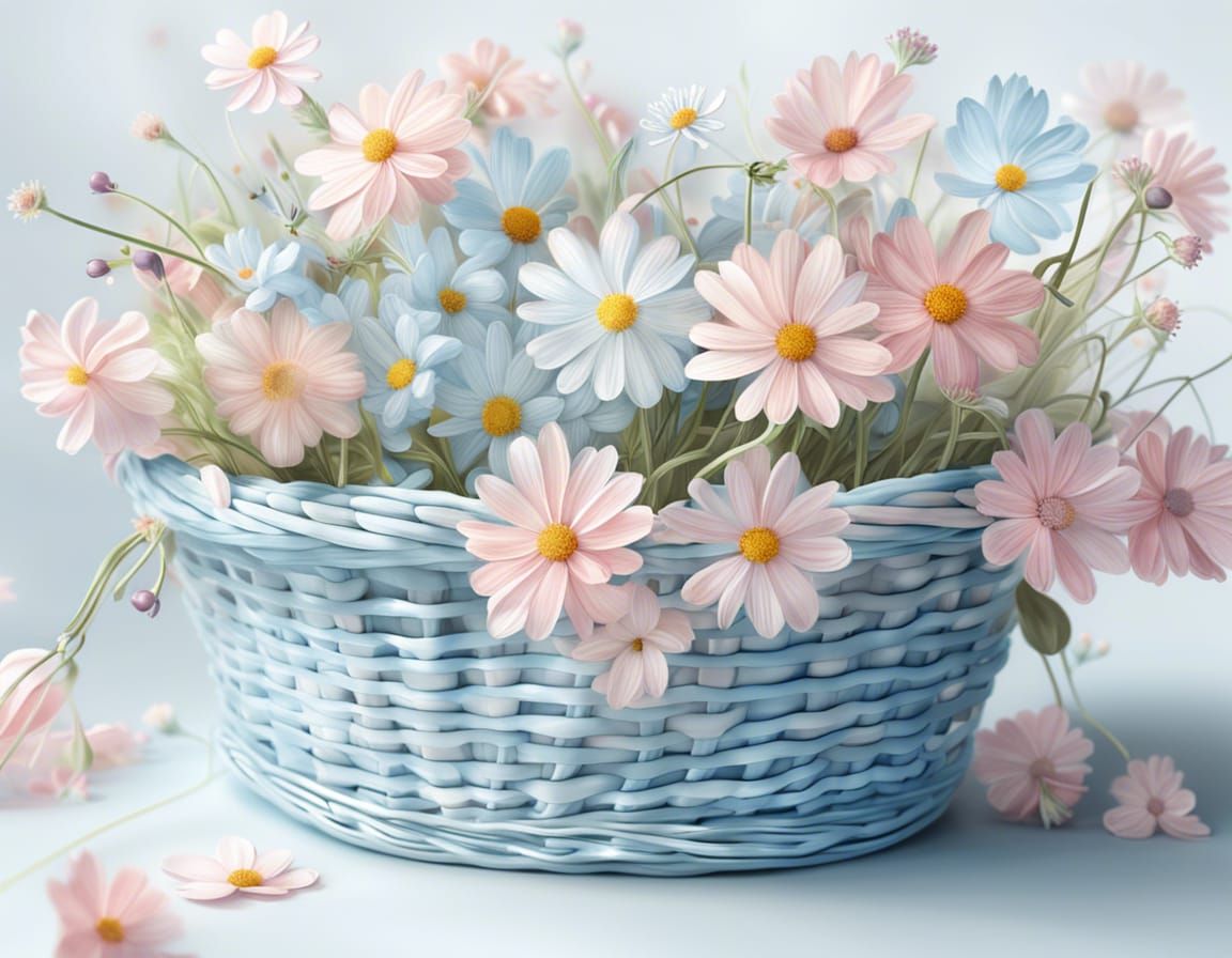 Hyperrealistic Basket of Pastel Wildflowers Still Life
