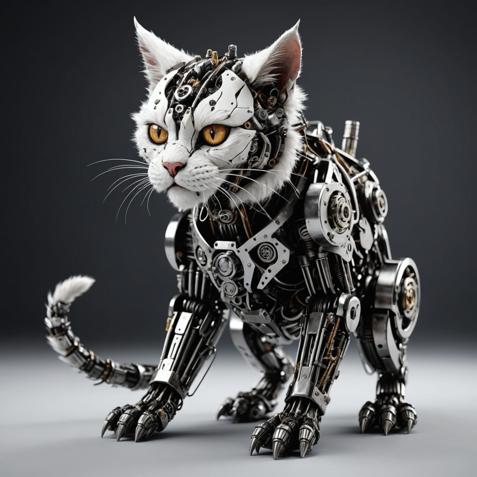 Biomechanical Demonic Cat with Metal and Fur Details