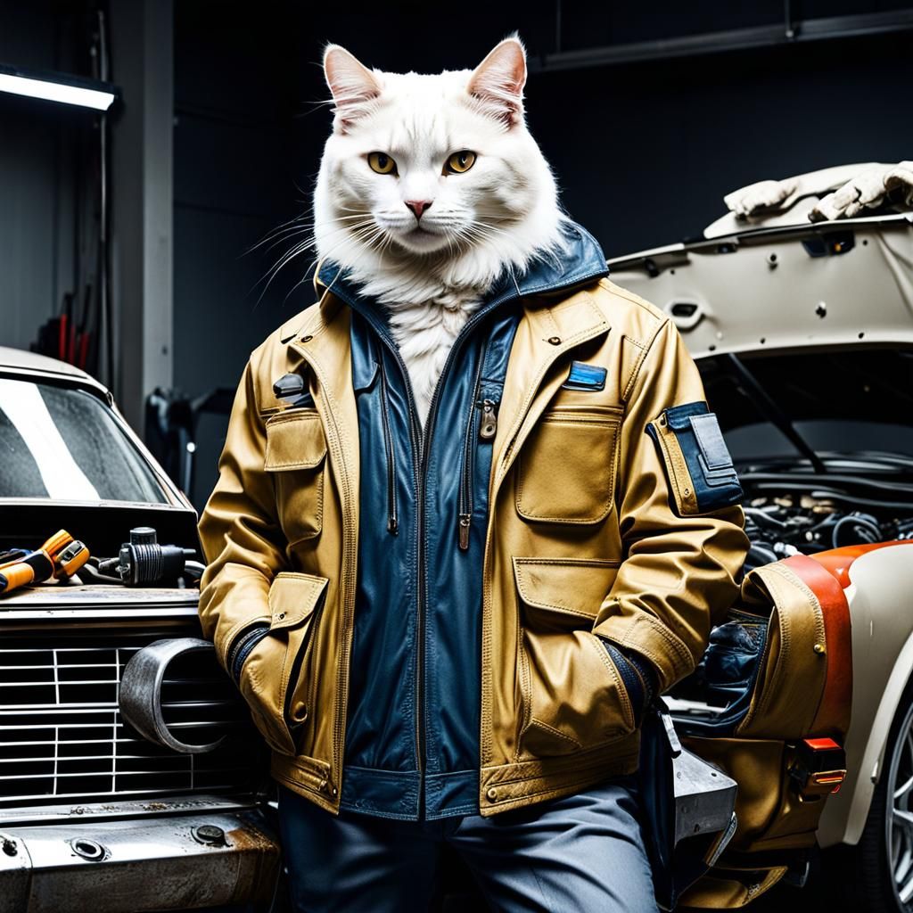 Cat Mechanic in Auto Body Shop