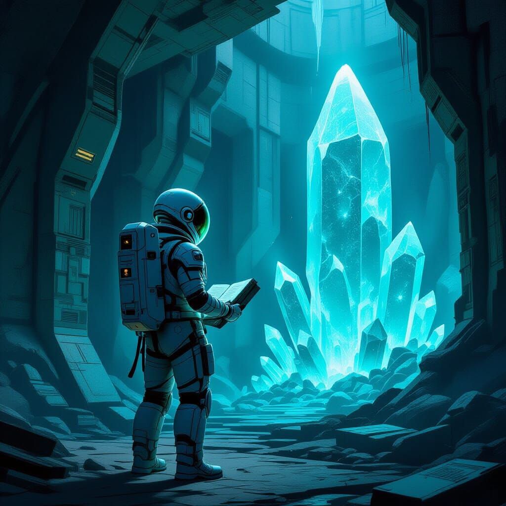 Astronaut Discovering Ancient Alien Library