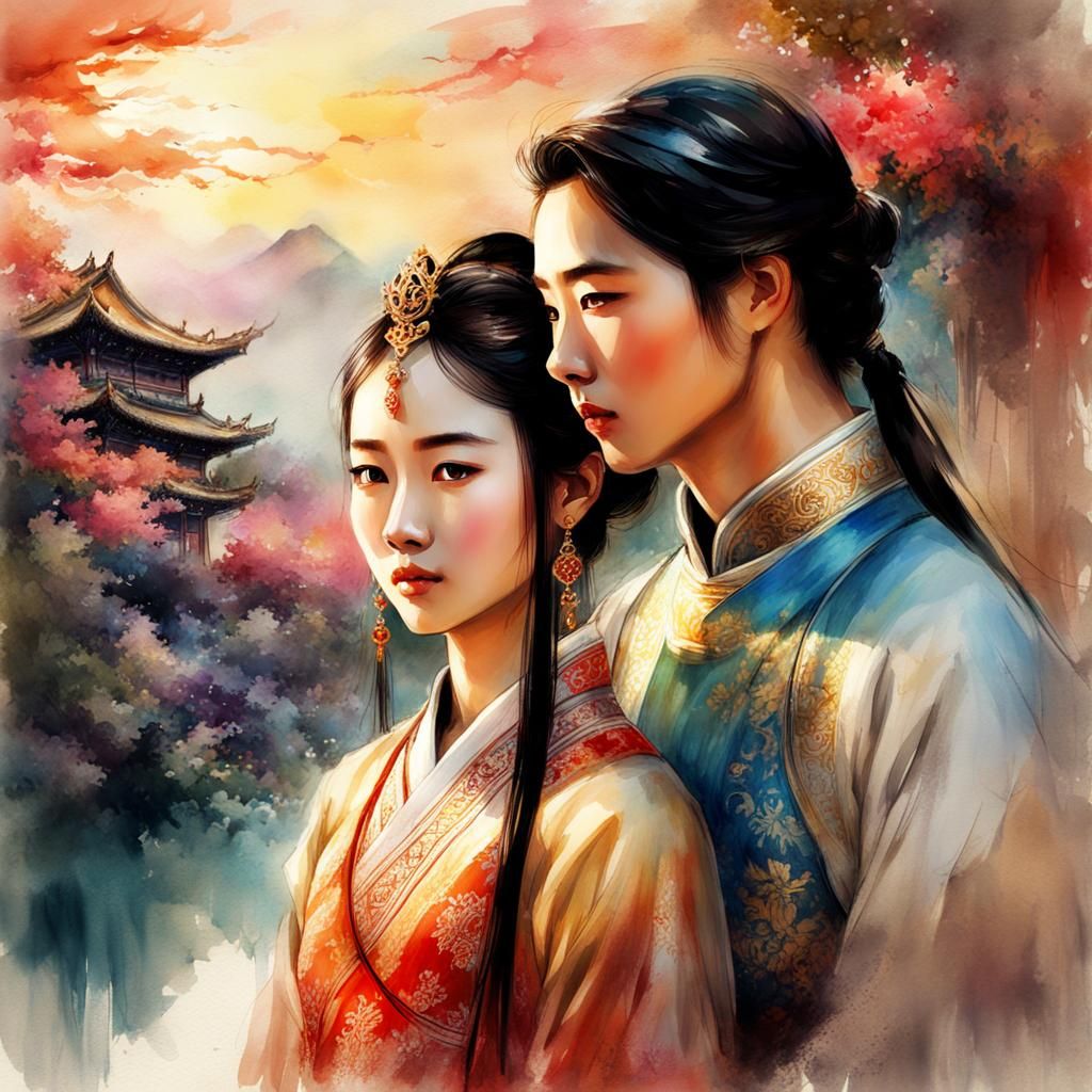 Chinese Princess and Prince at Sunset, Watercolor Art