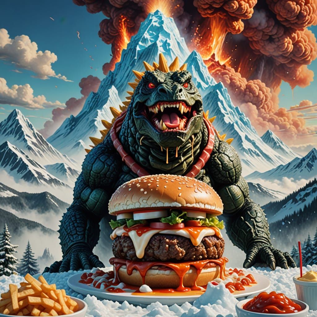 Giant Hamburger Skier Meets Retro-Futuristic Godzilla in Vib...