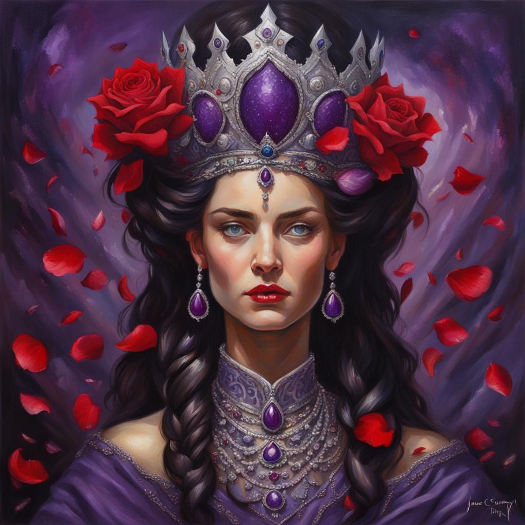 Magical Queen in Tyrian Purple with Roses, Oil Painting
