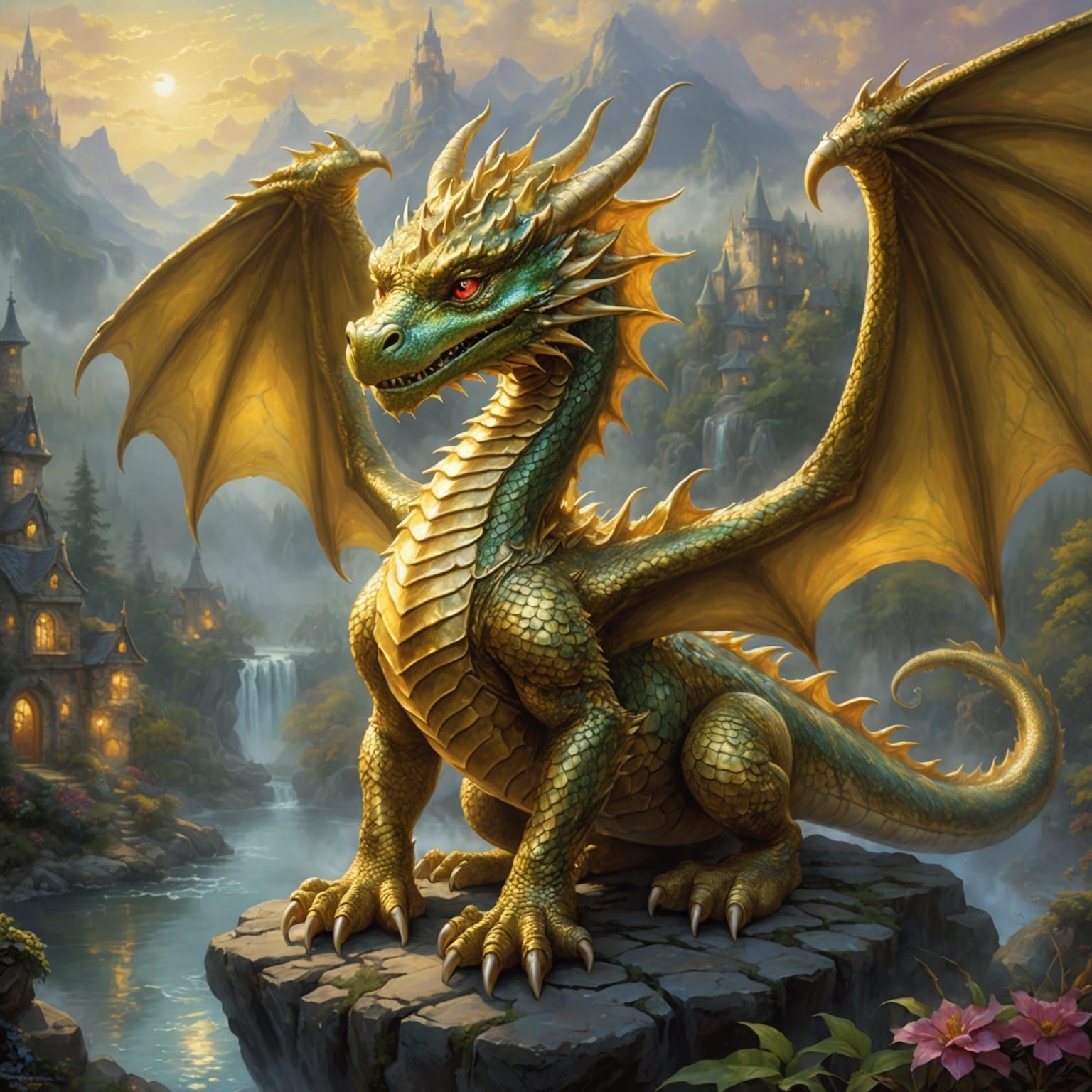 Ethereal Gold Dragon in Fantasy Landscape