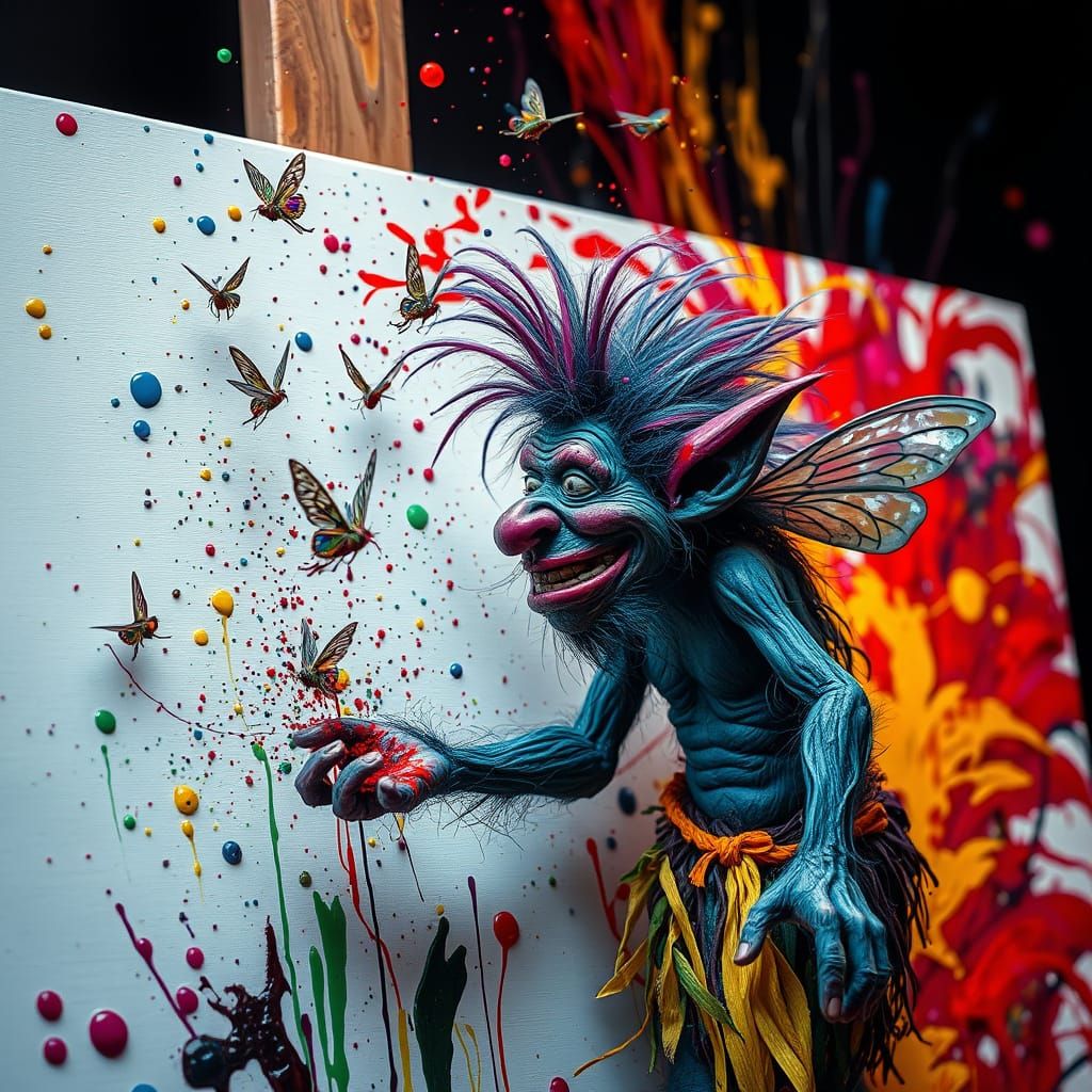Troll Flings Fairies Dipped in Paint at Canvas