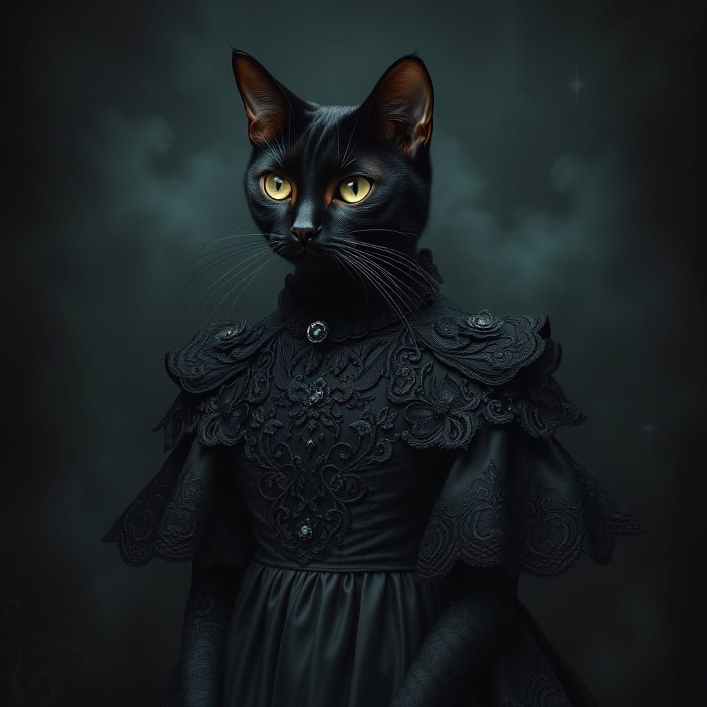 Adorable pretty Gothic Black Cat in black lace and silk Vict...
