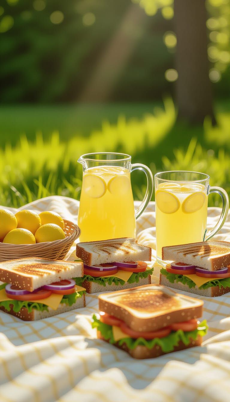 Vibrant Picnic with Sandwiches and Lemonade in Sunlight