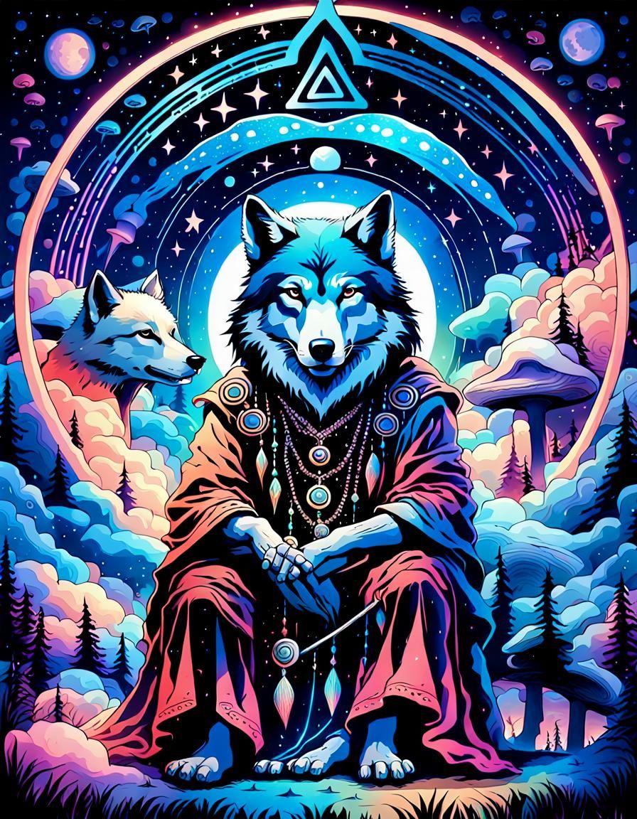 Shaman Rides Wolf and Plays Didgeridoo in Cosmic Art
