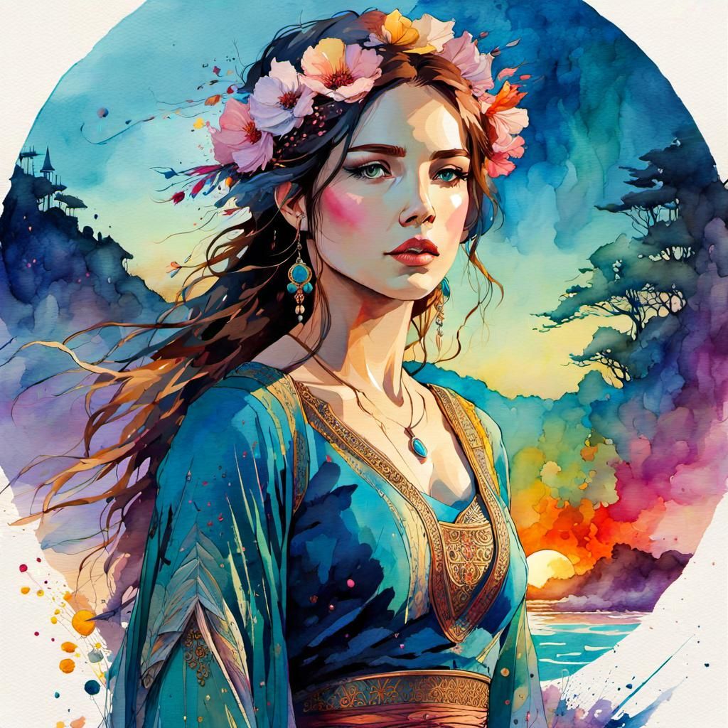 Colorful Sunset Summerscape in Watercolor Style