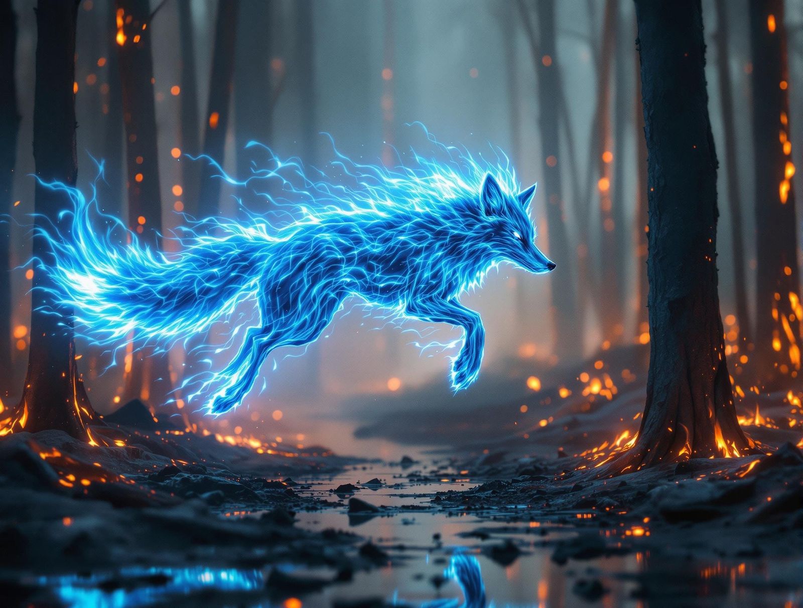 Spectral Fox Leaps Through Neo-Noir Surrealist Misty Forest