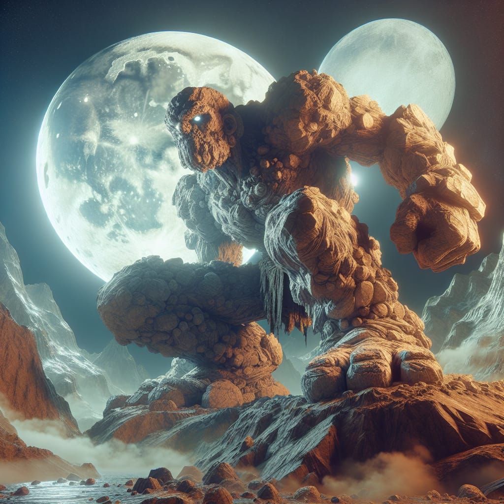 Epic Stone Golem on Mountain Under Red Moon