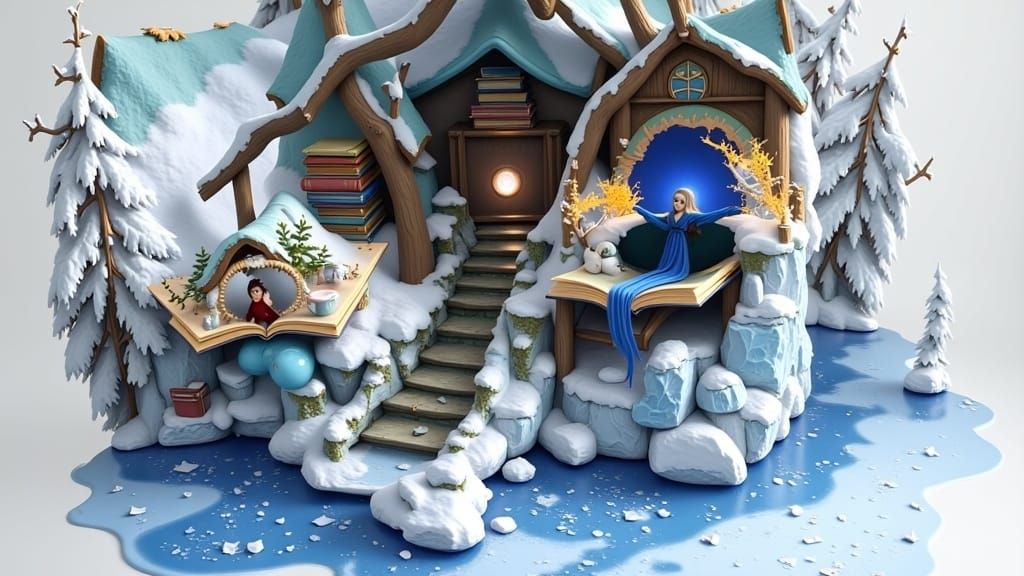 Woman Reading by Frozen Lake in Digital Painting Style