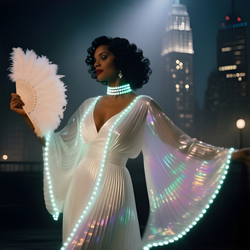 Enigmatic Starlet in Iridescent Kaftan, Vintage Cityscape