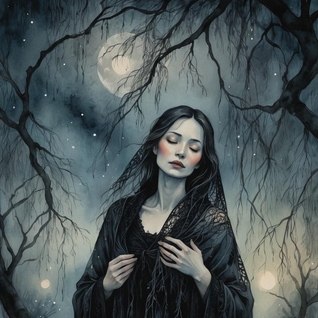 Midnight Willow: Whimsical Art of Weeping Woman