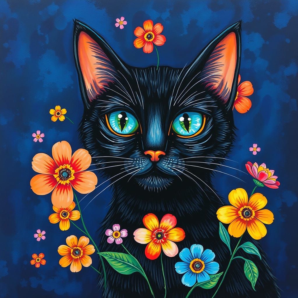 Vibrant Folk Art-Style Cat Amidst a Kaleidoscope of Colors