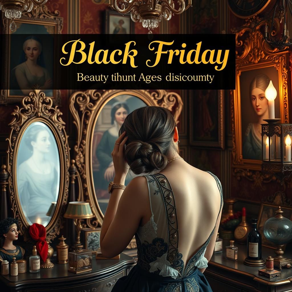 Glamorous Black Friday Scene in Alphonse Mucha Style