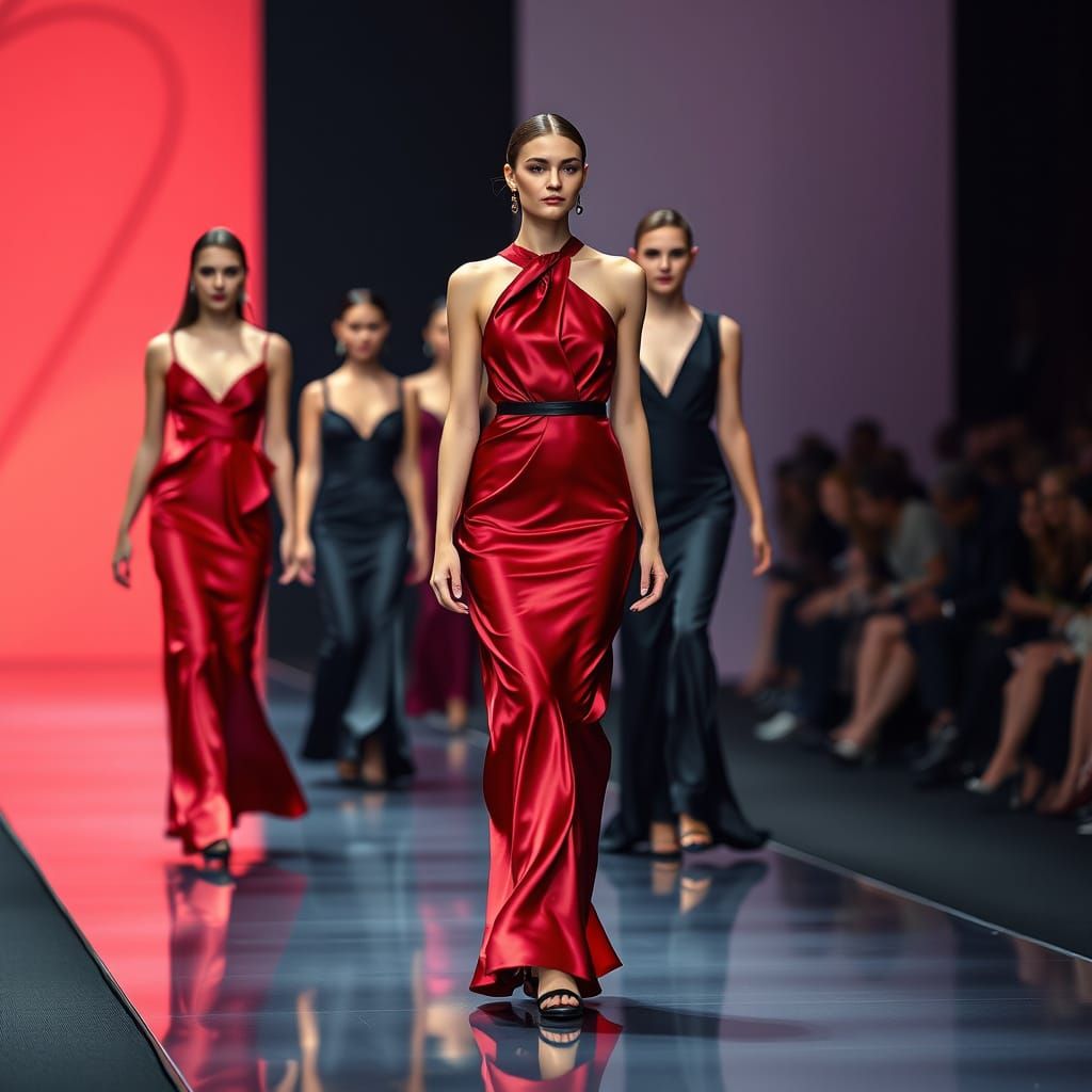 Elegant Models in Red and Black on Catwalk