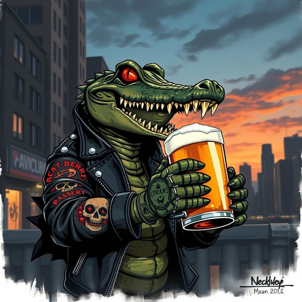 Punk crocodile with coloured tattoos holding a beer