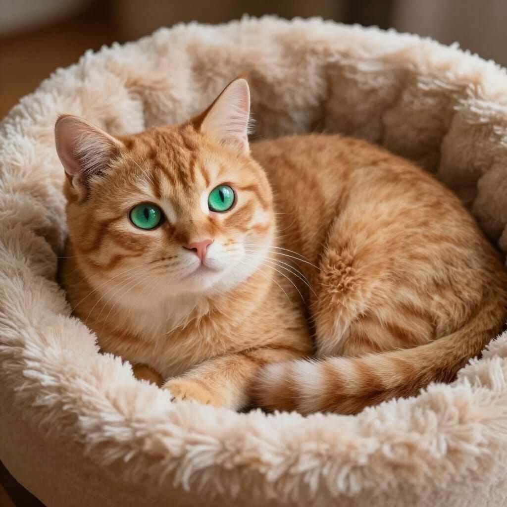 Cute Ginger Cat on Fluffy Bed, Photorealistic Digital Art