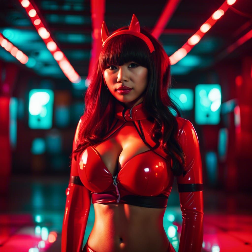 Asian cosplayer in red latex