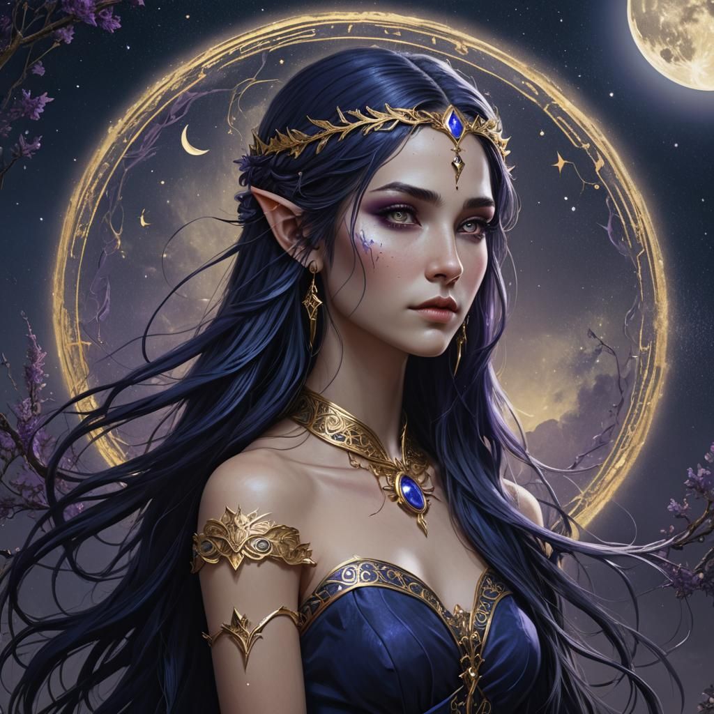 Moon Elf Druid with Dark Blue Hair