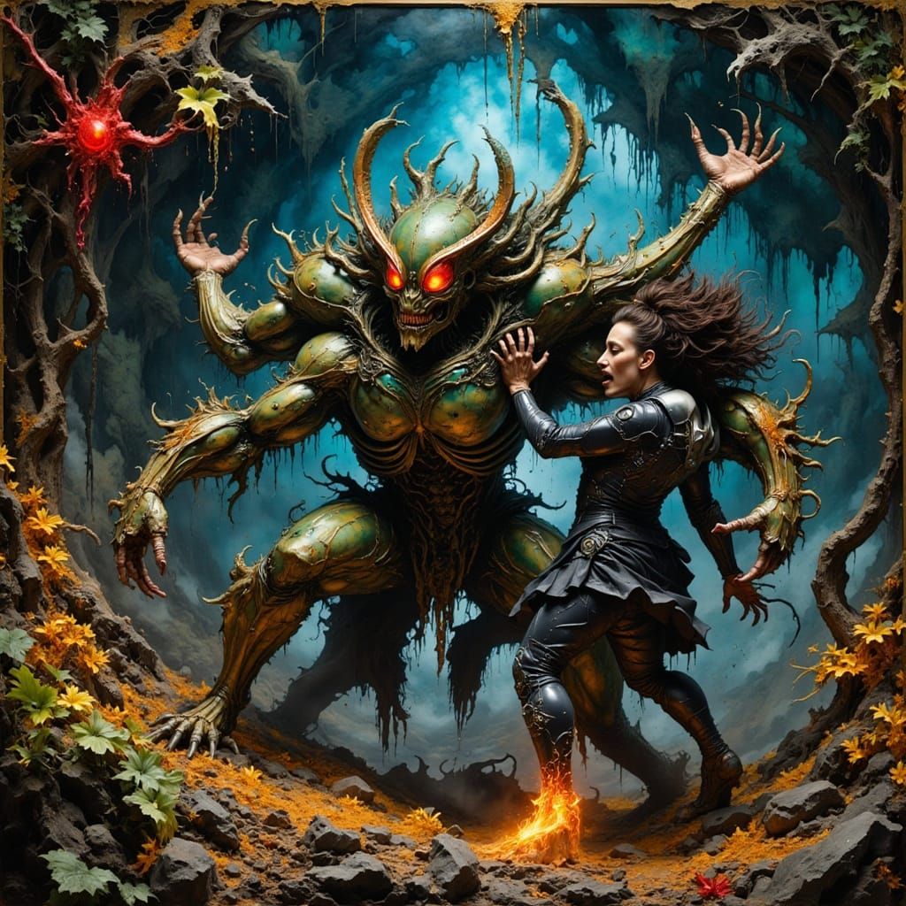 Cyberpunk Alien Showdown in a Vibrant Fluorescent Forest