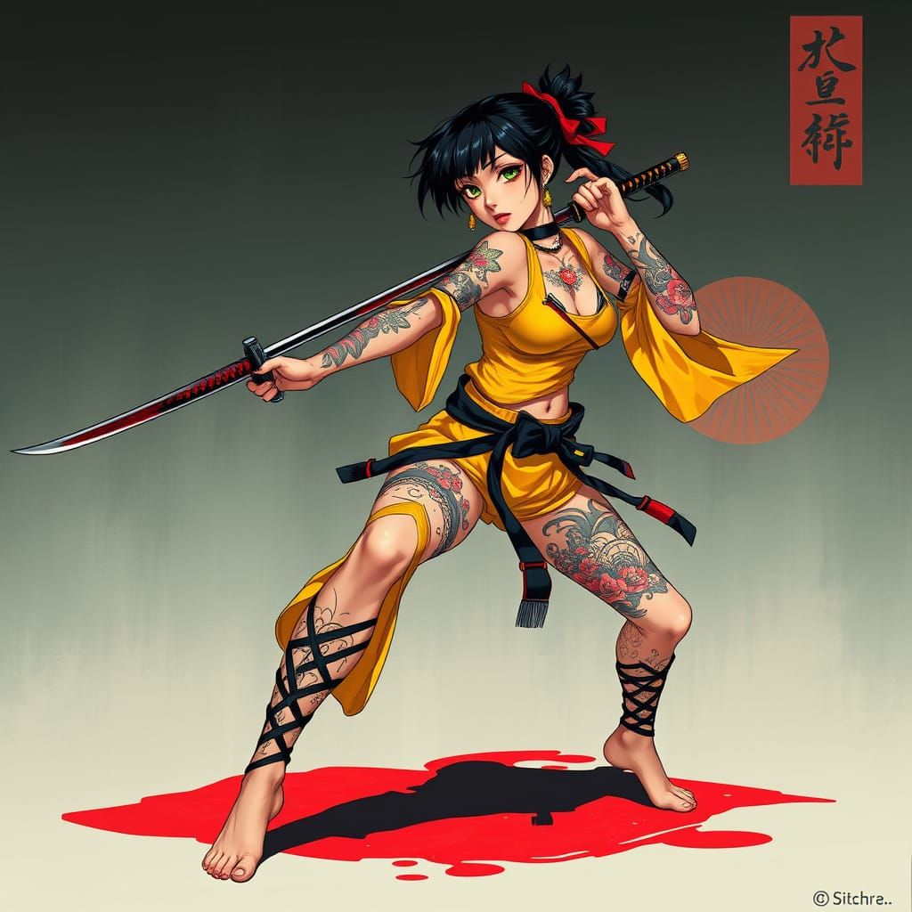 Gothic Punk Woman with Katana in Anime Style