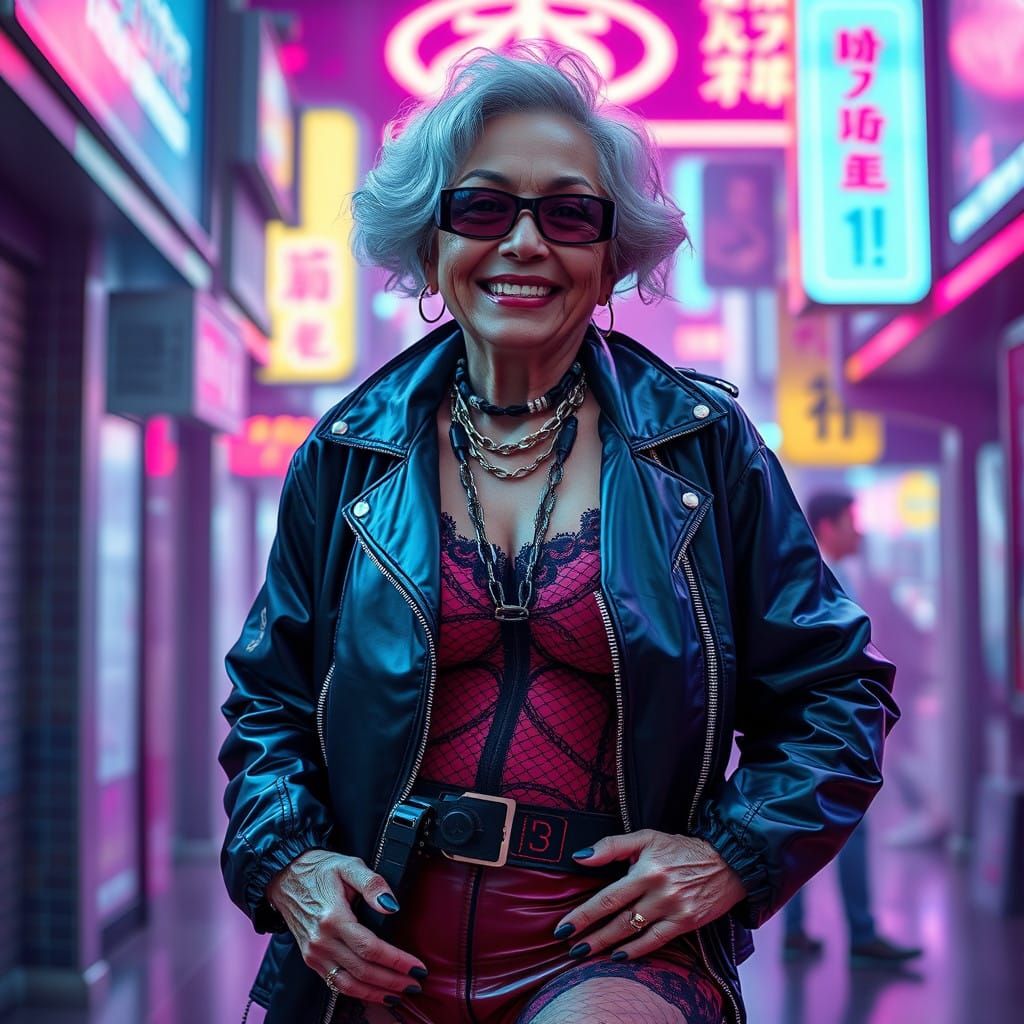 Cyberpunk Asian Matriarch Embracing Futuristic Chic