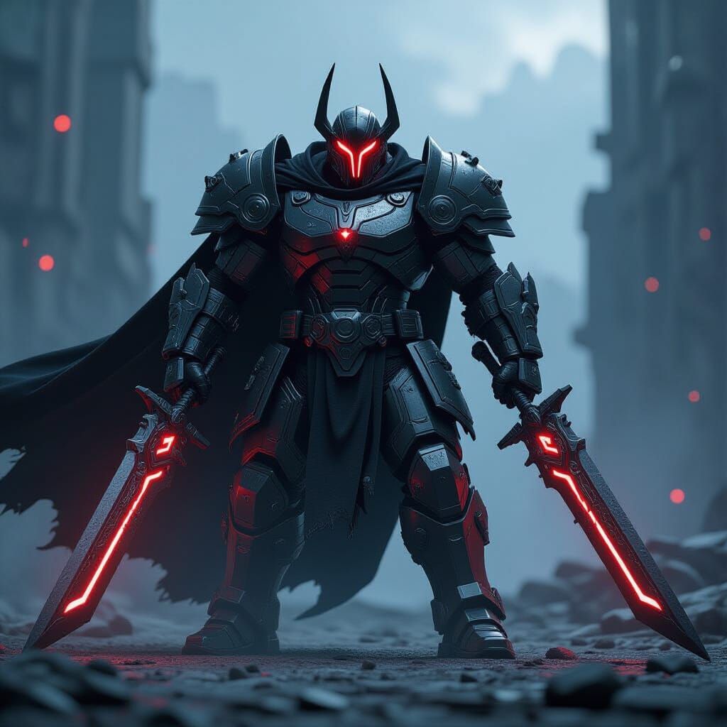 Mech Warrior with Darksteel Swords and Black Cape