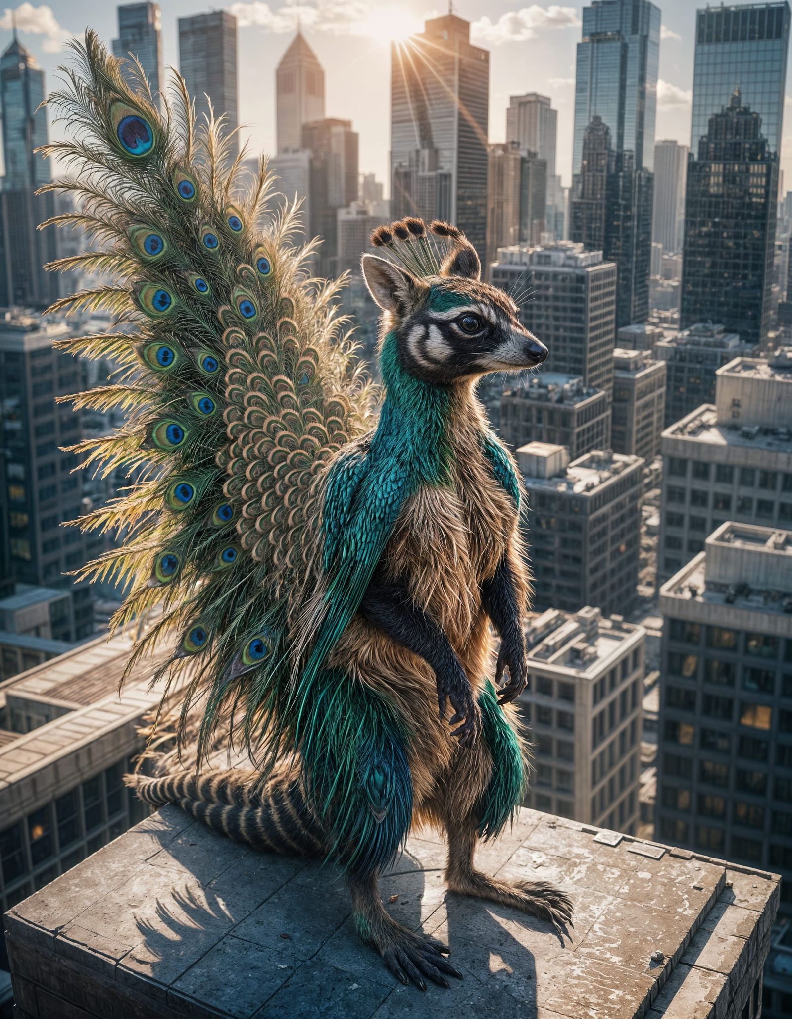 Portrait of a lush peacock kangaroo raccoon hybrid, spreading peacock tail on the rooftop of a skyscraper, sunny morning...
