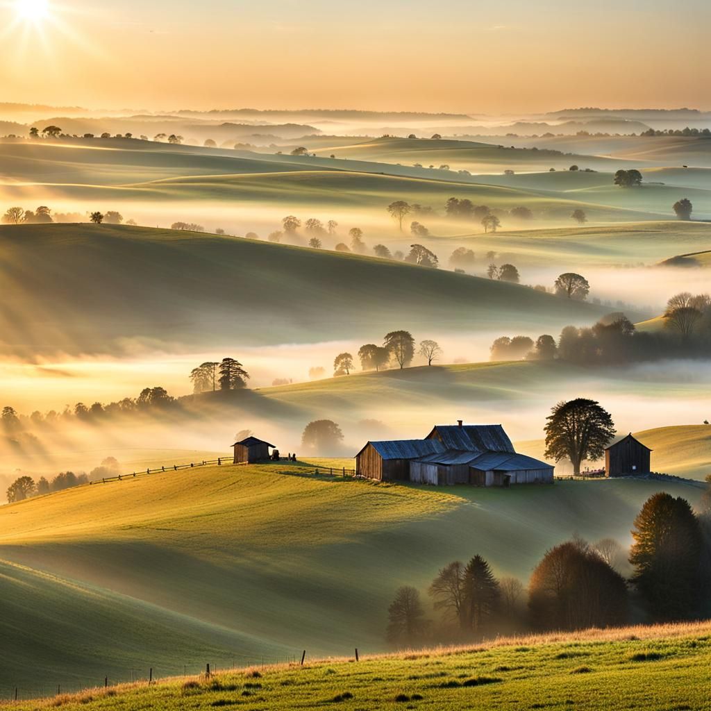 Early Morning Countryside Sunrise Over Misty Hills