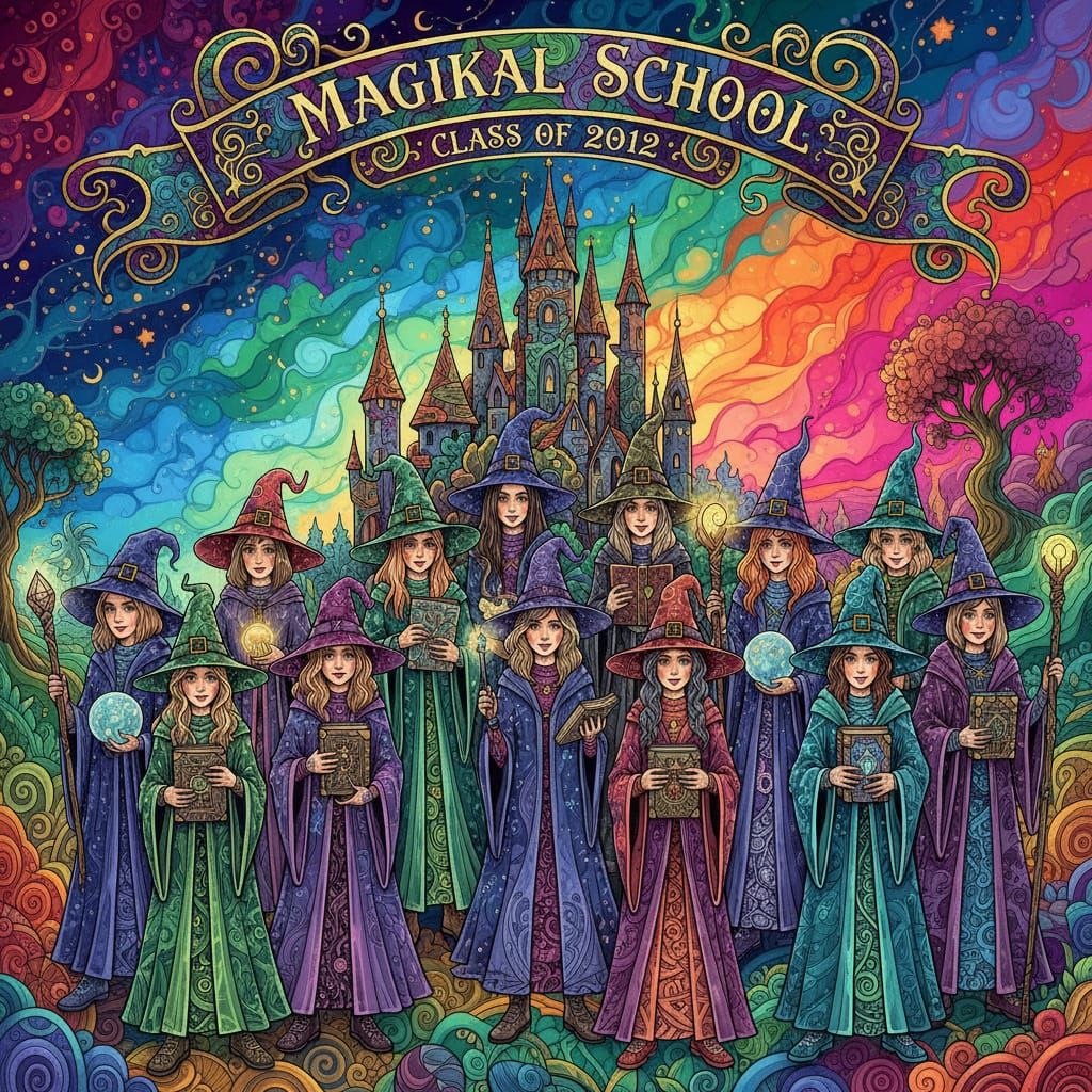 Intricately detailed alcohol ink illustration, a banner reads ”Magikal School”, ”Class of 2012”, a group of teenaged Wit...