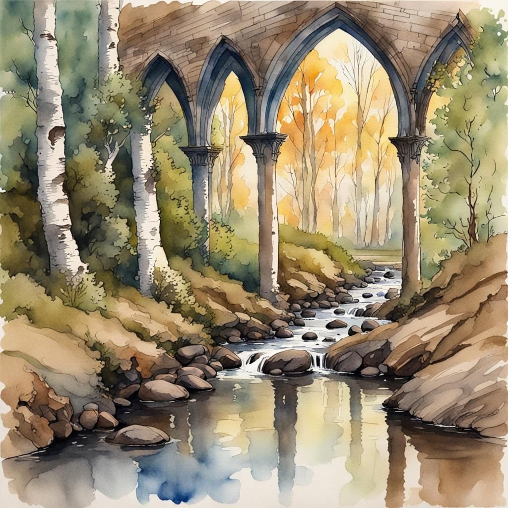 Victorian Watercolor Painting of a Birch Wood Stream