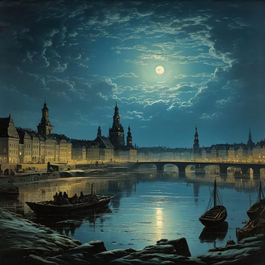 Dresden by Moonlight: European Ink Painting in Retro Style