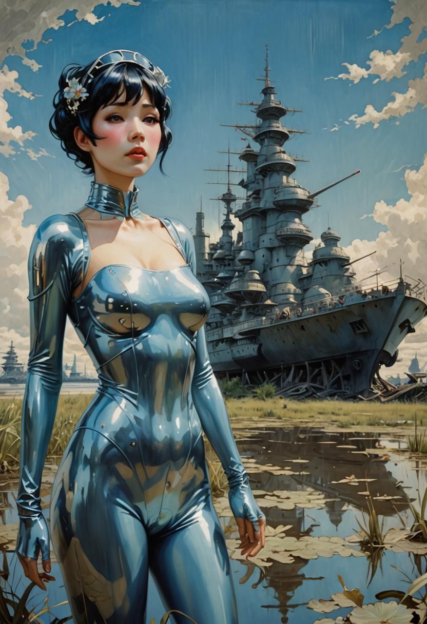 Woman in Latex Suit, Alphonse Mucha Art Nouveau Style