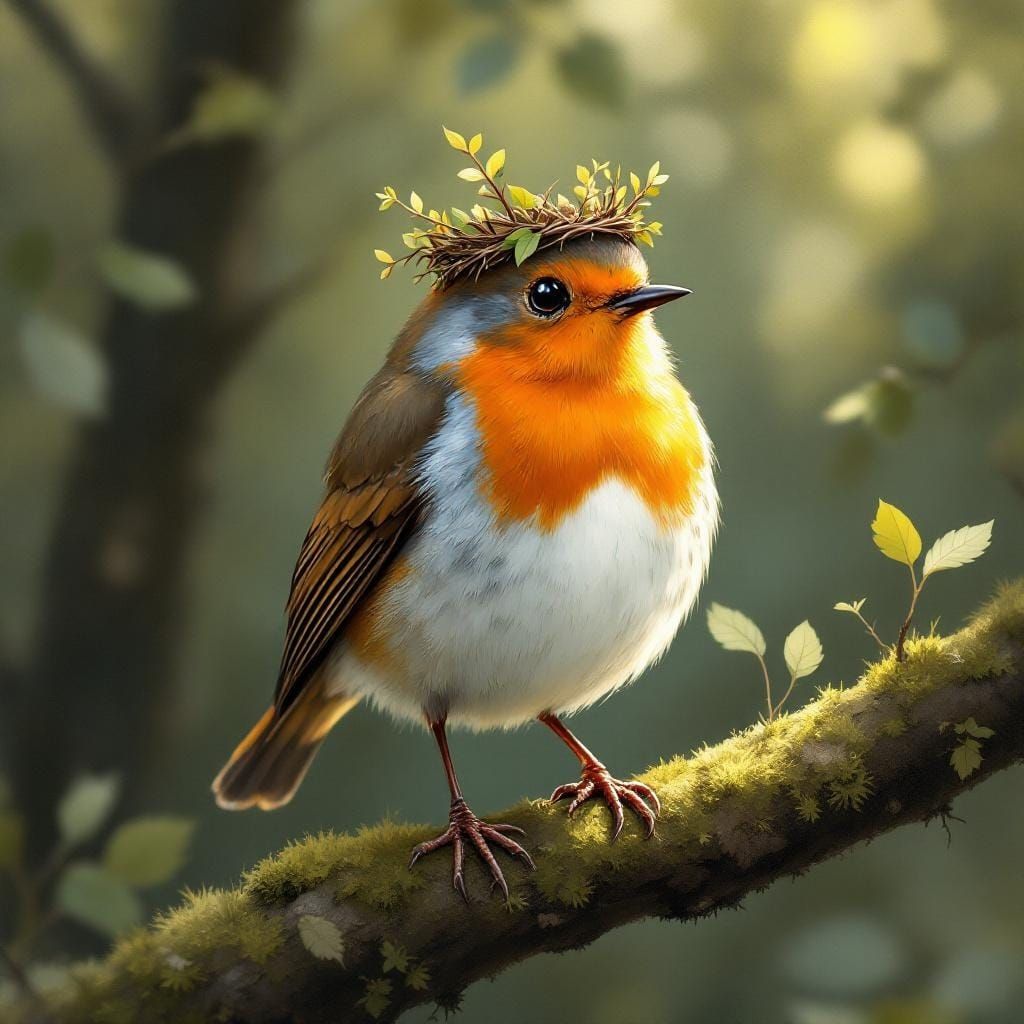 Robin with Leaf Crown in Whimsical Realism