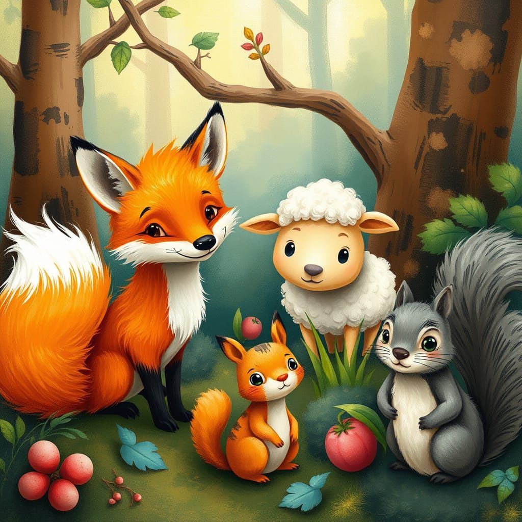 Whimsical Forest Friends in Classic Children's Book Style