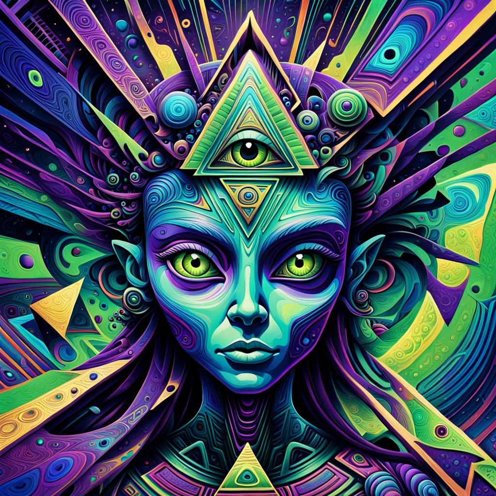 Psychedelic Alien Breaks Through Pyramid in Abstract Express...