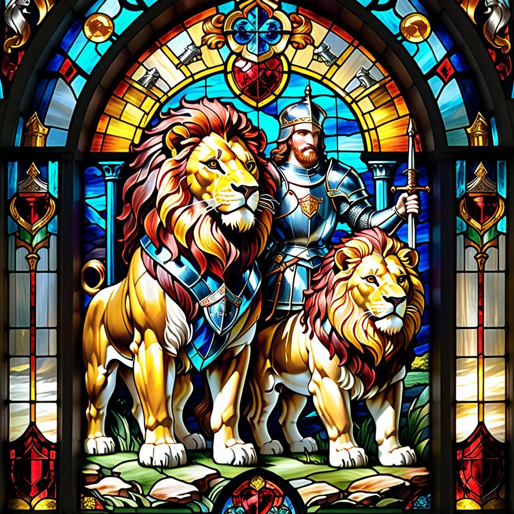 Stained Glass: Lion and Knight in Magical Elegance