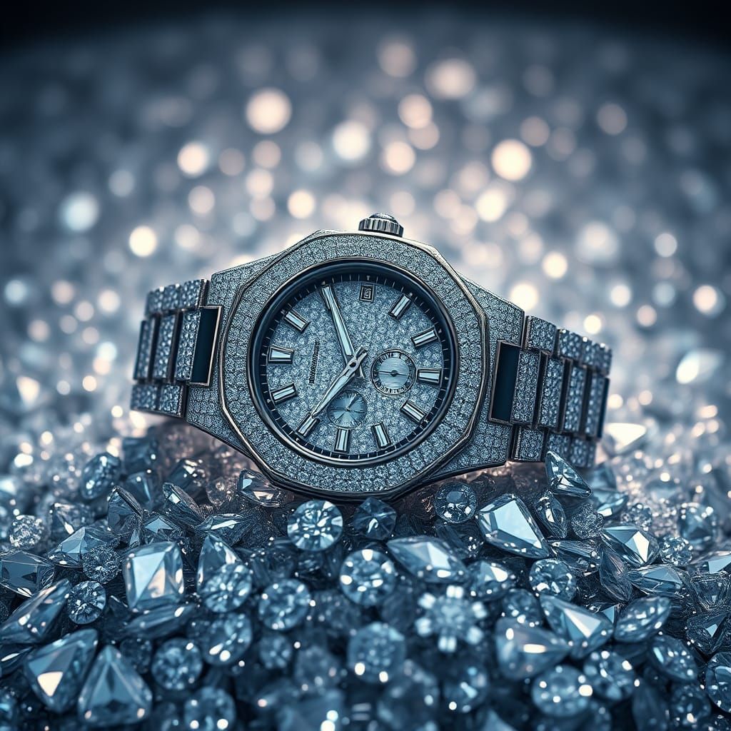 Iced Out Watch on Diamonds in Hyperrealistic Style