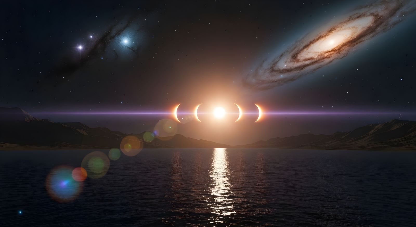 Triple Eclipse Over Alien Lake at Night