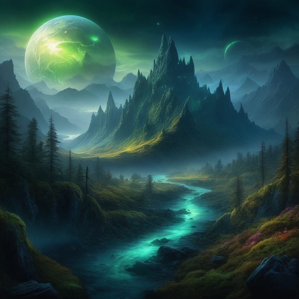 Whimsical Fantasy Planet at Night: A Bioluminescent Masterpi...