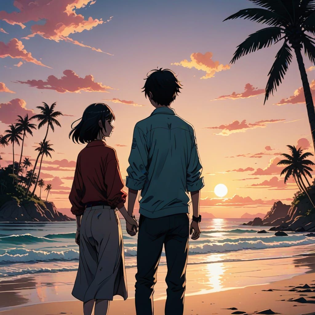 Anime Beach Sunset Embracing Couple