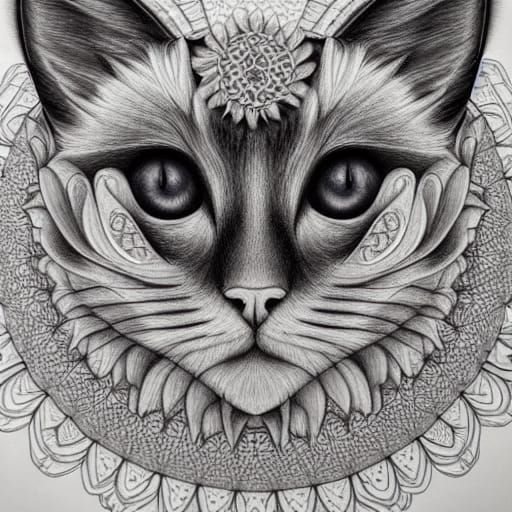 Ragdoll Cat Face in Harmonious Mandala: Charcoal Drawing